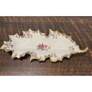 Leaf Shape Trinket Serving Dish Porcelain‎ Pink Roses Gold Gilt Japan 9.5" VTG